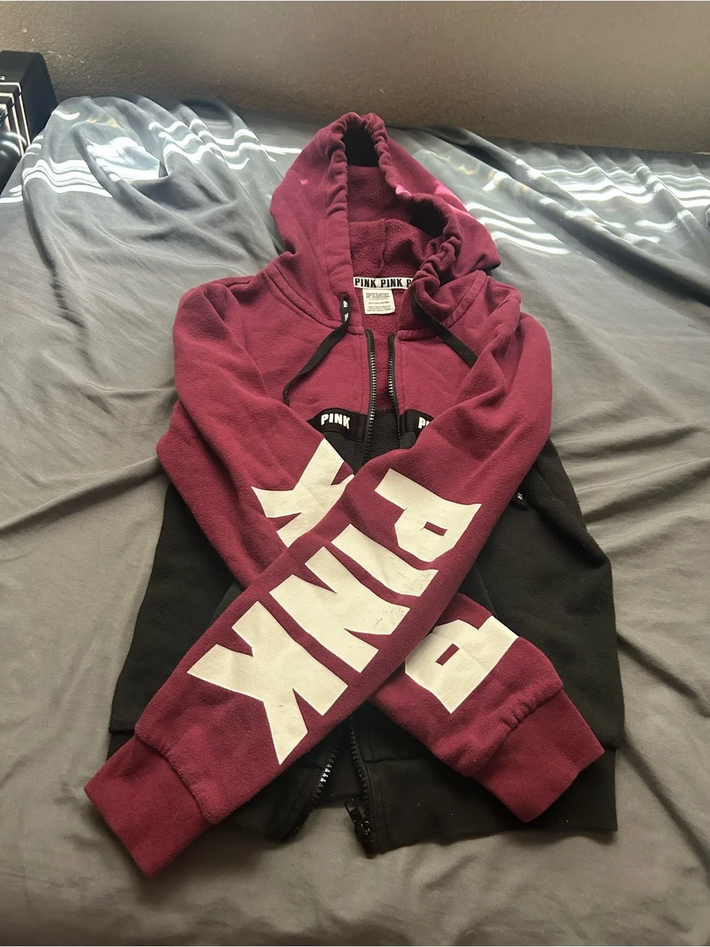 PINK Victoria's Secret Maroon Zip Hoodie with Black Trim - Picture 2 of 6
